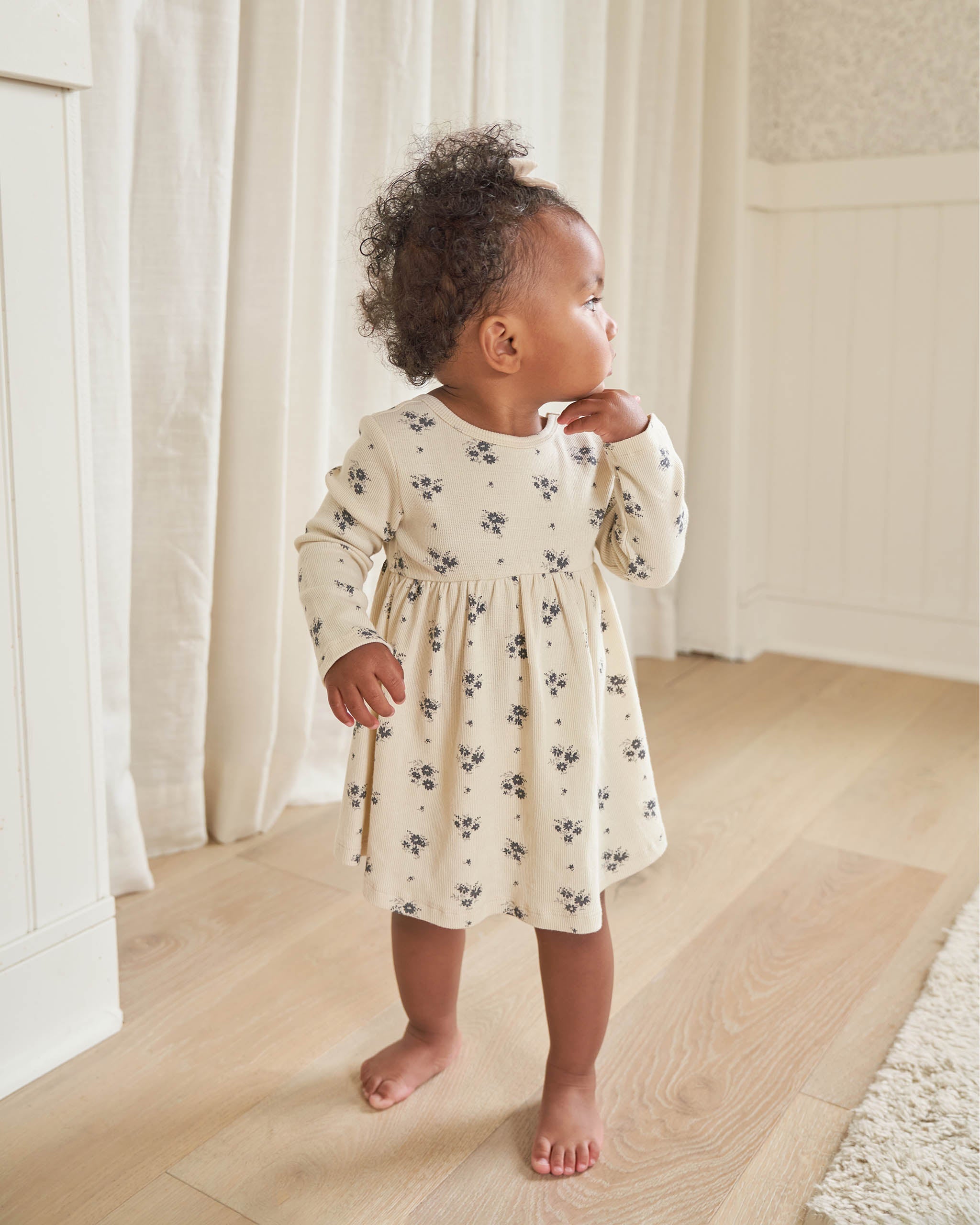 Ribbed Long Sleeve Dress || Navy Ditsy - Rylee + Cru | Kids Clothes | Trendy Baby Clothes | Modern Infant Outfits |